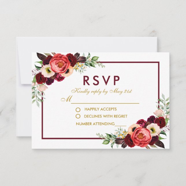 Watercolor Burgundy Floral Gold Boho Wedding RSVP Card (Front)