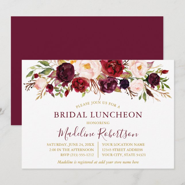 Watercolor Burgundy Floral Gold Bridal Luncheon Invitation (Front/Back)