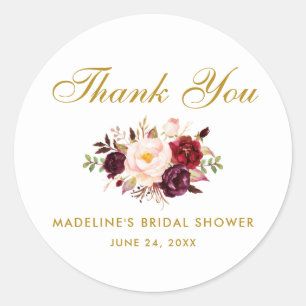 Watercolor Burgundy Floral Gold Bridal Shower Classic Round Sticker