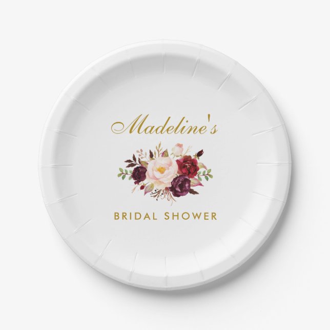 Watercolor Burgundy Floral Gold Bridal Shower Paper Plate (Front)