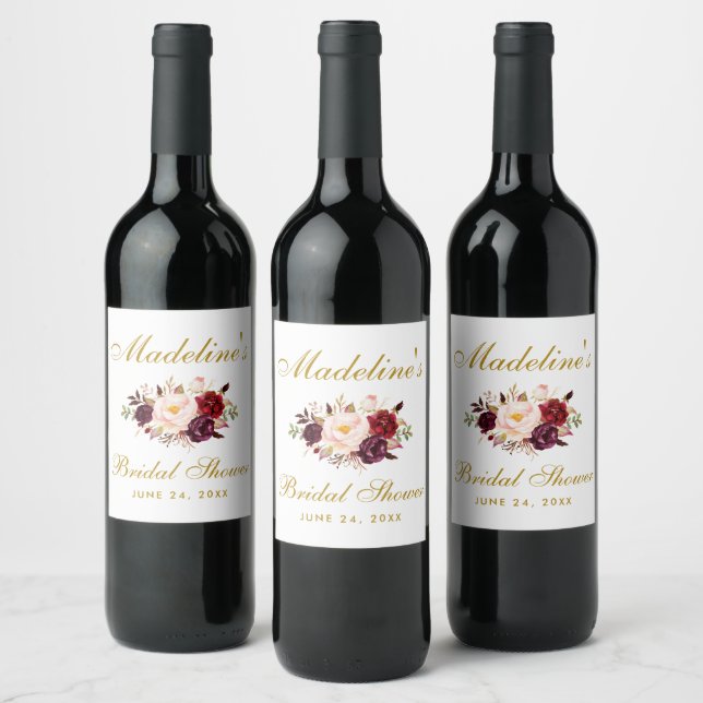 Watercolor Burgundy Floral Gold Bridal Shower Wine Label (Bottles)