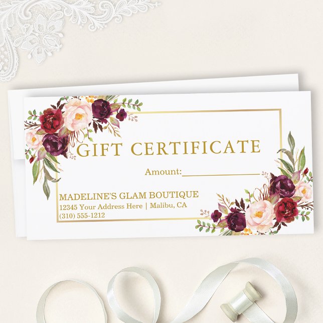 Watercolor Burgundy Floral Gold Gift Certificate (Customize to change text size, style, color or to add text to back of certificate.)