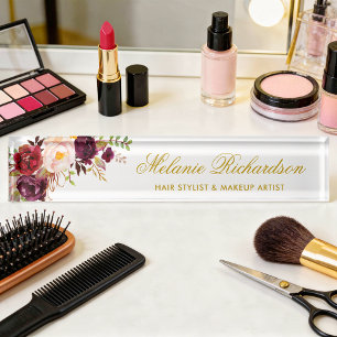 Watercolor Burgundy Floral Gold Nameplate