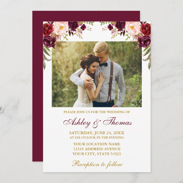 Watercolor Burgundy Floral Gold Photo Wedding Invitation (Front/Back)