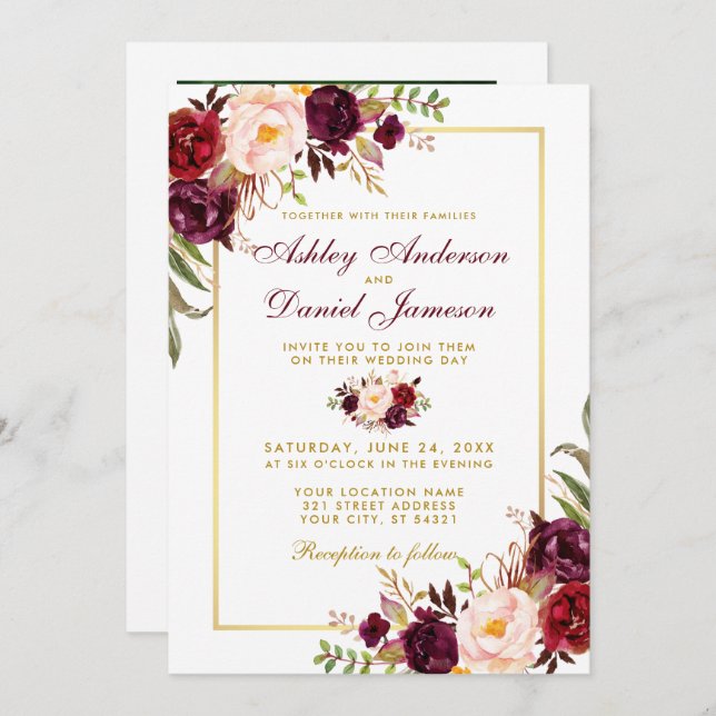 Watercolor Burgundy Floral Gold Photo Wedding Invitation (Front/Back)