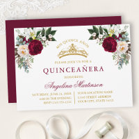 Watercolor Burgundy Floral Gold Quinceanera