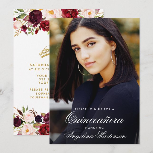 Watercolor Burgundy Floral Gold Quinceanera Photo Invitation (Front/Back)