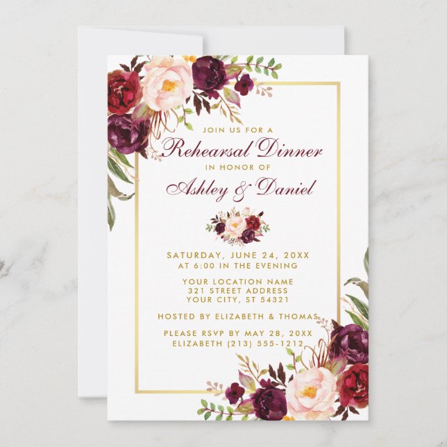 Watercolor Burgundy Floral Gold Rehearsal Dinner W Invitation (Front)