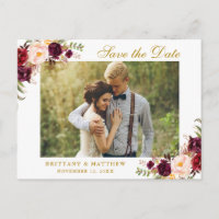 Watercolor Burgundy Floral Gold Save the Date
