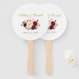 Watercolor Burgundy Floral Gold Wedding Hand Fan