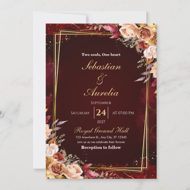 Watercolor Burgundy Floral Gold Wedding Invitation (Front)