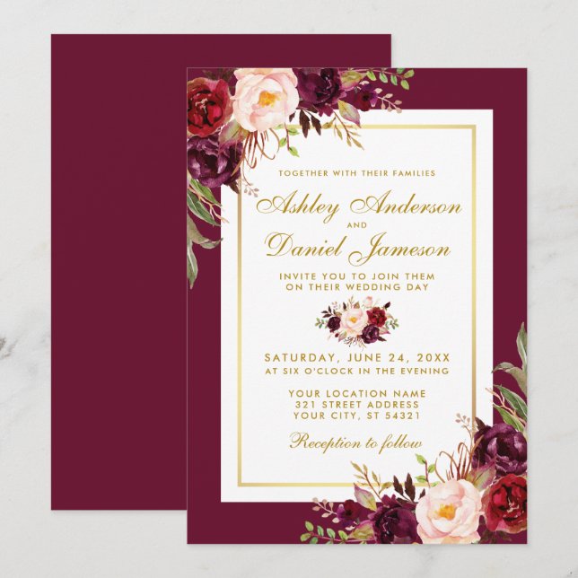 Watercolor Burgundy Floral Gold Wedding Invite GB (Front/Back)