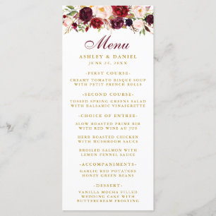 Watercolor Burgundy Floral Gold Wedding Menu