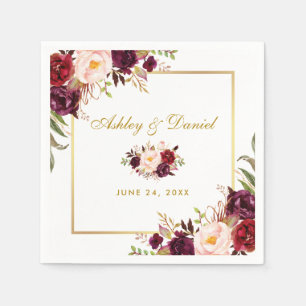 Watercolor Burgundy Floral Gold Wedding Napkin