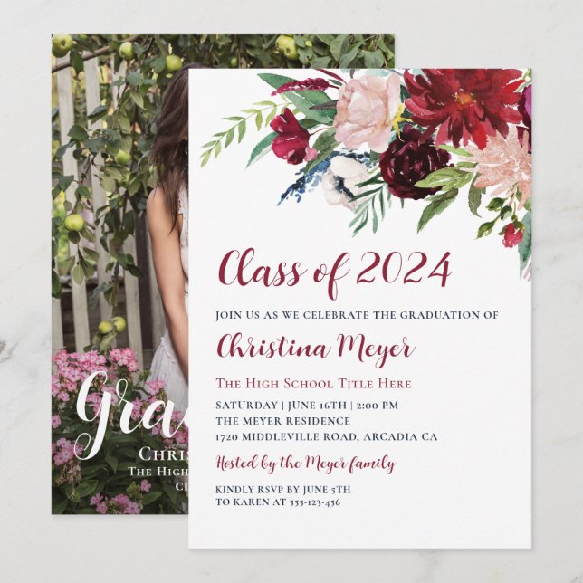 Watercolor Burgundy Floral Graduation Party Photo Invitation (Front/Back)