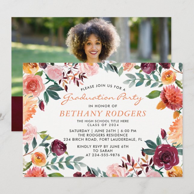 Watercolor Burgundy Floral Graduation Party Photo Invitation (Front/Back)