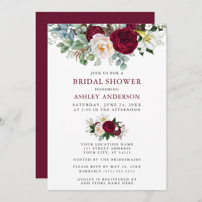 Watercolor Burgundy Floral Greenery Bridal Shower Invitation (Front/Back)
