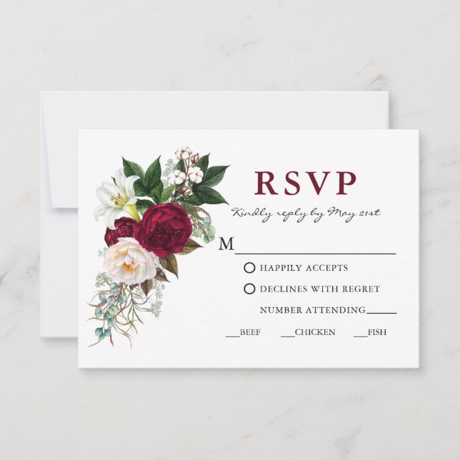 Watercolor Burgundy Floral Greenery Meal RSVP Card (Front)