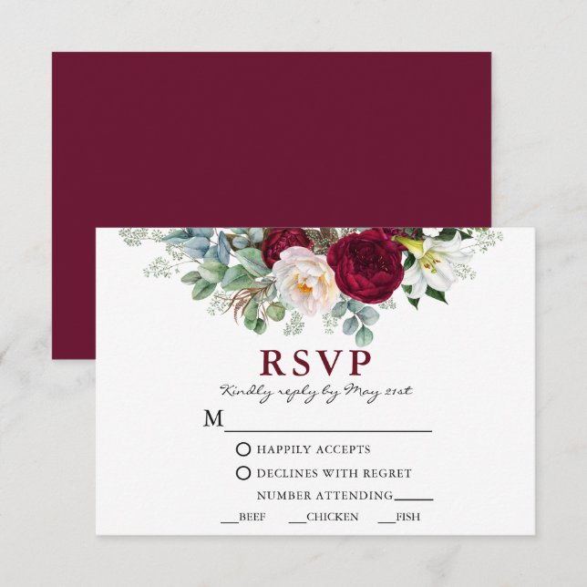 Watercolor Burgundy Floral Greenery Meal RSVP Card (Front/Back)