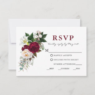 Watercolor Burgundy Floral Greenery Meal W RSVP Card