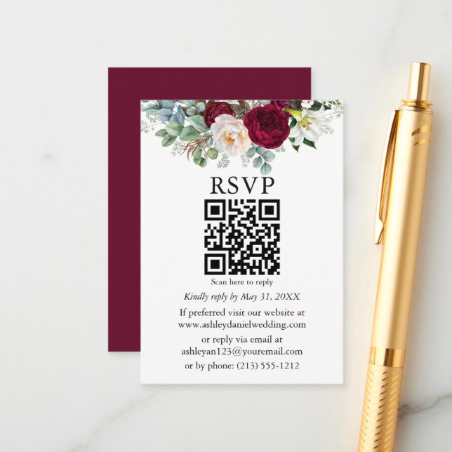 Watercolor Burgundy Floral Greenery QR RSVP Enclosure Card (Front/Back In Situ)