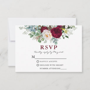 Watercolor Burgundy Floral Greenery W RSVP Card