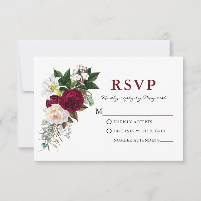 Watercolor Burgundy Floral Greenery W RSVP Card (Front)