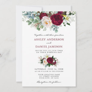 Watercolor Burgundy Floral Greenery Wedding B Invitation