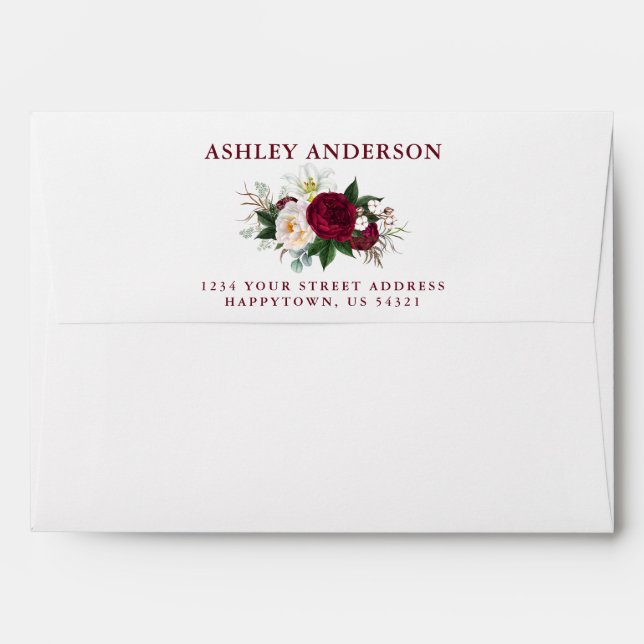 Watercolor Burgundy Floral Greenery Wedding Envelope (Back (Top Flap))
