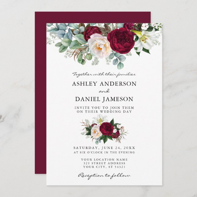 Watercolor Burgundy Floral Greenery Wedding Invitation (Front/Back)