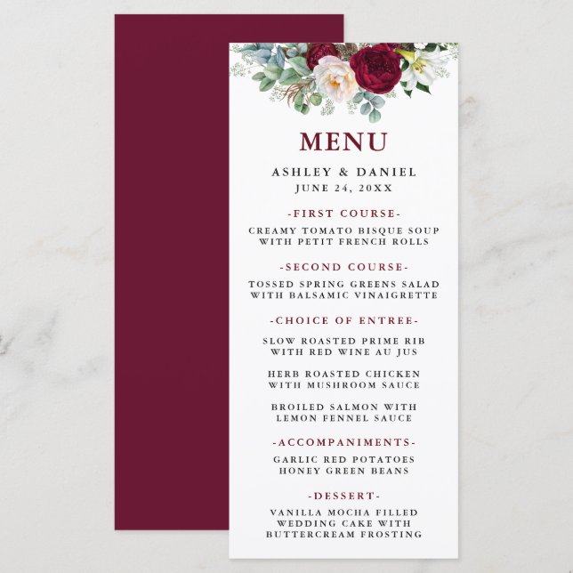Watercolor Burgundy Floral Greenery Wedding Menu (Front/Back)