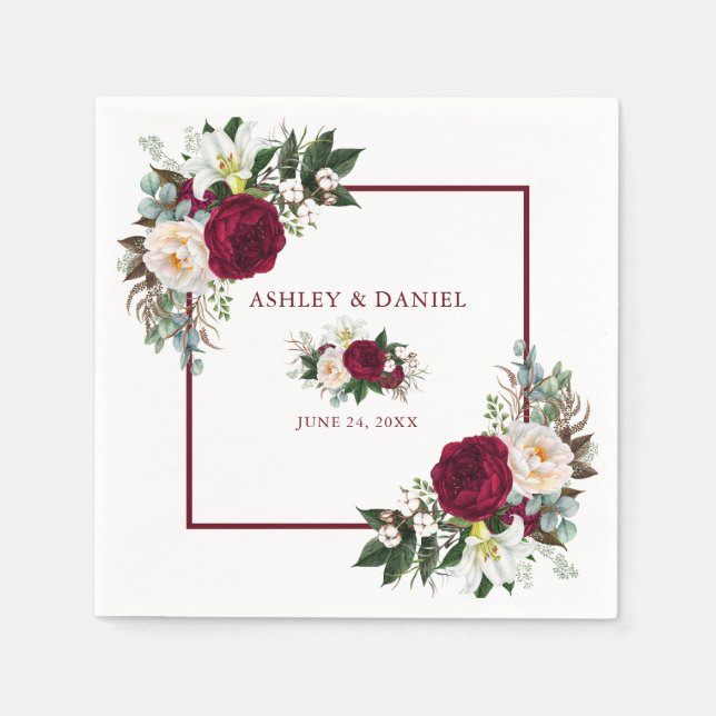 Watercolor Burgundy Floral Greenery Wedding Napkin (Front)
