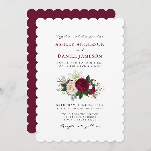Watercolor Burgundy Floral Greenery Wedding S Invitation (Front/Back)
