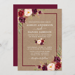 Watercolor Burgundy Floral Kraft Wedding Invitation