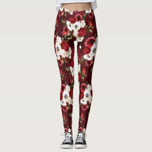 Watercolor Burgundy Floral Leggings