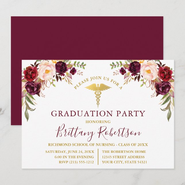 Watercolor Burgundy Floral Medical Grad Party Invitation (Front/Back)