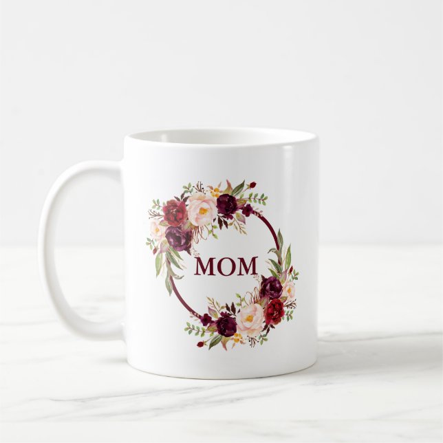 Watercolor Burgundy Floral Mum Coffee Mug (Left)