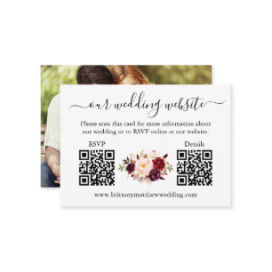 Watercolor Burgundy Floral Photo 2 QR RSVP Details Enclosure Card