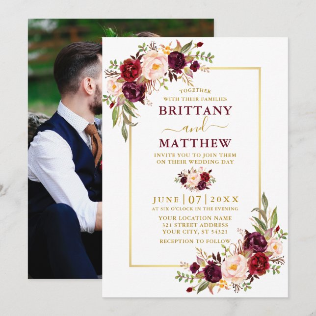 Watercolor Burgundy Floral Photo Gold Wedding Invitation (Front/Back)