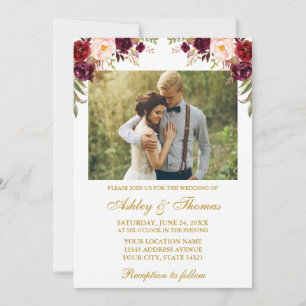 Watercolor Burgundy Floral Photo Wedding Gold Invitation