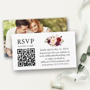 Watercolor Burgundy Floral Photo Wedding QR RSVP Enclosure Card