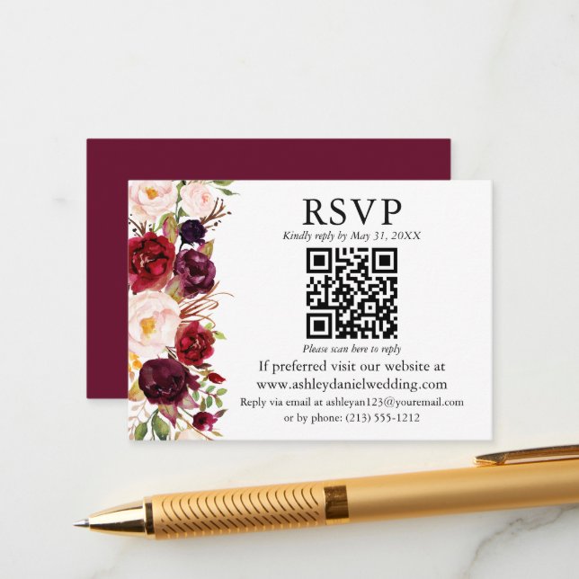 Watercolor Burgundy Floral QR RSVP Wedding Enclosure Card (Front/Back In Situ)