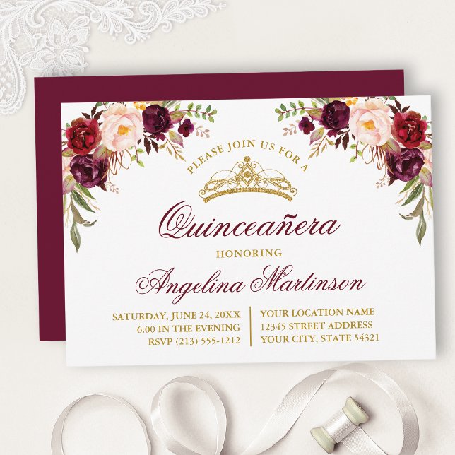 Watercolor Burgundy Floral Quinceanera Party Invitation (Customize to change text size, color, text style or color of back of card.)