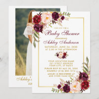 Watercolor Burgundy Floral Shower Gold Photo