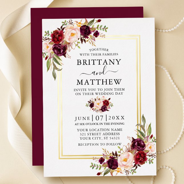 Watercolor Burgundy Floral Wedding 2 Frame Gold (Customize to change text size, text style or color of back of card.)