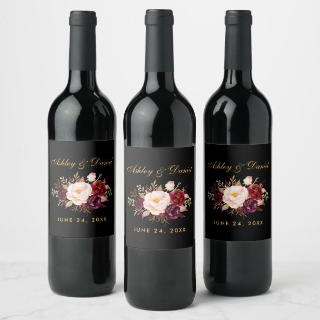 Watercolor Burgundy Floral Wedding Black Gold Wine Label (Bottles)