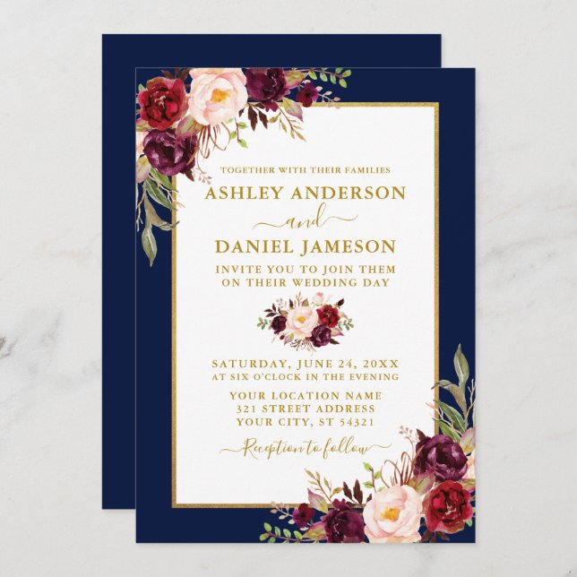 Watercolor Burgundy Floral Wedding Blue Gold Invitation (Front/Back)
