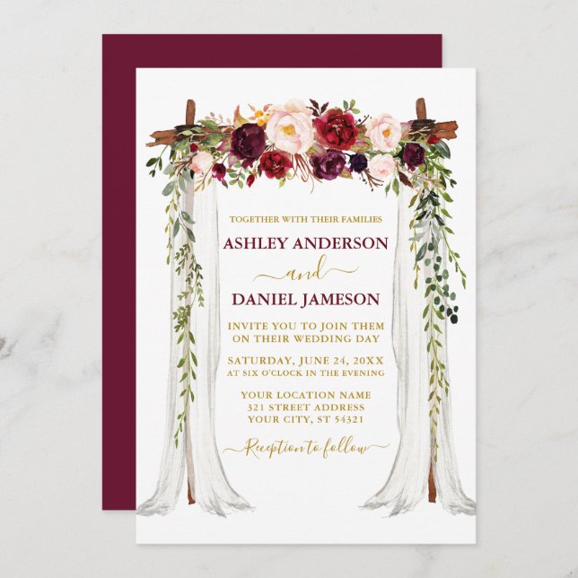 Watercolor Burgundy Floral Wedding Canopy Gold Invitation (Front/Back)