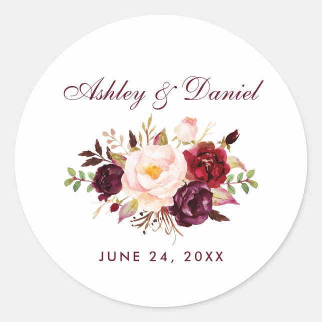 Watercolor Burgundy Floral Wedding Classic Round Sticker (Front)