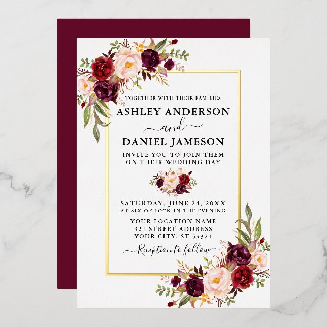 Watercolor Burgundy Floral Wedding Gold (Front/Back)